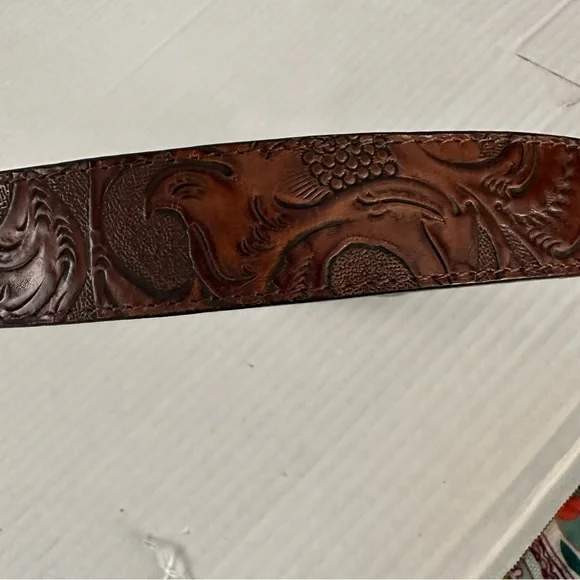 Tooled Leather Belt Brown with Silver Very Distressed Etched Hardware Never Worn - Picture 3 of 10